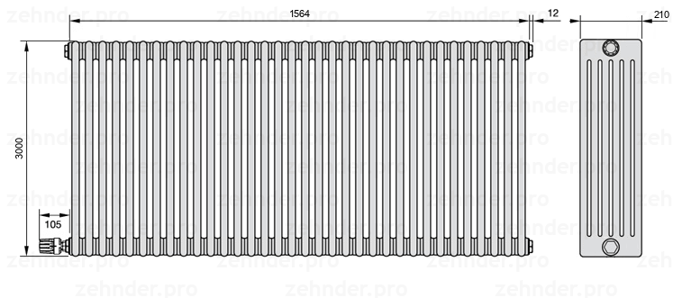 Схема (чертеж) Радиатор Zehnder Charleston 6300/34 №V004 Белый глянцевый RAL 9016